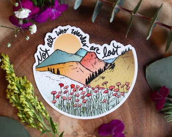 Not All Who Wander Are Lost Vinyl Sticker – Hand Lettered Waterproof Adventure Quote Sticker | Floral Mountain Decal for Water Bottle