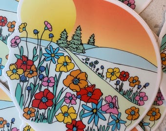 Hillside Flowers Vinyl Sticker – Hand-Drawn Wildflower Meadow Decal, Colorful Floral Art, Waterproof Nature Sticker