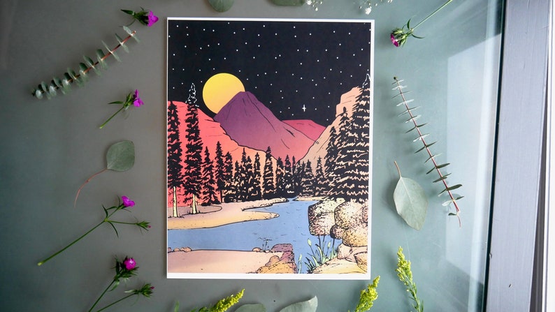 May include: A retro-style illustration of a mountain range with a full moon and stars in the night sky. A river flows through the valley, with trees lining the banks. The colors are vibrant and colorful, with shades of pink, purple, blue, and yellow.