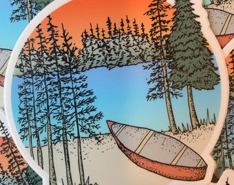Canoe by the Lake Vinyl Sticker – Hand-Drawn Nature Scene, Peaceful Lake Adventure, Waterproof Outdoor Sticker