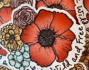 Live Wild and Free Sticker – Retro Red Poppy Vinyl Sticker, Hand Lettered Inspirational Waterproof Sticker