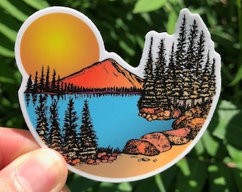 Sunset Mountains & Pines Vinyl Sticker | Hand Illustrated Nature Sticker | Waterproof Outdoors Decal | Hiking Adventure Aesthetic