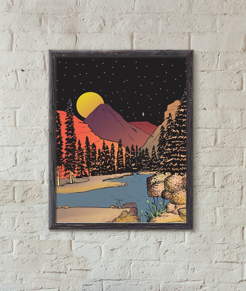 May include: A digital illustration of a night scene with a yellow moon, stars, and a river winding through a forest of dark green trees. The mountains in the background are purple and orange.