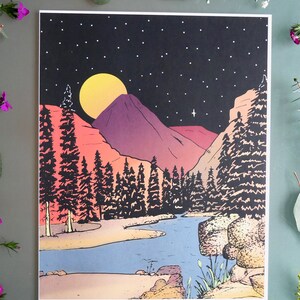 May include: A digital illustration of a nighttime landscape with a full moon, mountains, a river, and a forest of pine trees. The sky is dark blue with white stars and a single bright star.