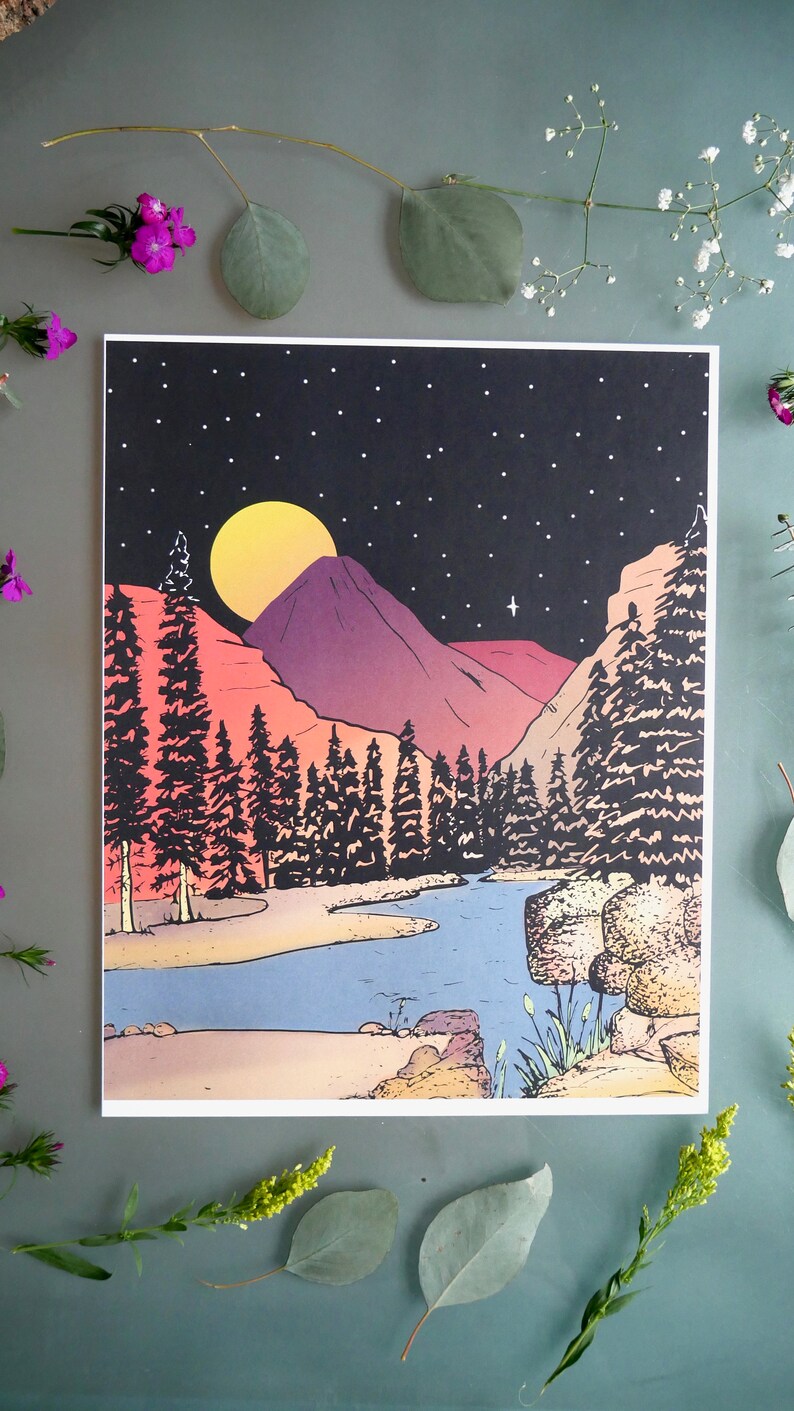 May include: A digital illustration of a nighttime landscape with a full moon, mountains, a river, and a forest of pine trees. The sky is dark blue with white stars and a single bright star.