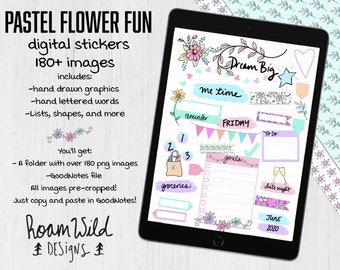 Pastel Flower Fun digital stickers, Hand illustrated digital planner stickers, for GoodNotes, Notability and digital scrapbooking