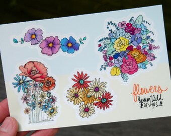 Flowers Blooming Vinyl Sticker Sheet, 4 Cute Flower Stickers!
