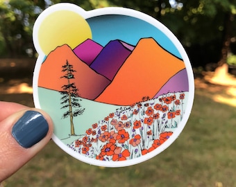 Mountains and Poppies Vinyl Sticker | Hand Drawn Floral Mountain Decal | Waterproof Nature Sticker for Laptop, Water Bottle, Journal