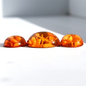 May include: Three orange glass cabochons with embedded dried flowers. The cabochons are different sizes and are arranged in a row from largest to smallest.