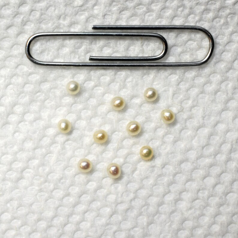 May include: A white paper surface with a silver paper clip and eleven white pearls scattered around it.