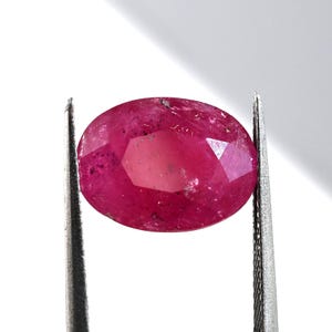 May include: A faceted, oval ruby gemstone, held by metal tweezers. The ruby has a deep red colour with lighter pinkish areas. The gem has a polished surface with visible facets, reflecting light. The background is plain white.