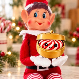 May include: A plush elf doll wearing a red suit with a white collar and hat, holding a gold-colored bamboo-style steamer basket. Inside the steamer sits a round, white and red swirled peppermint candy character with a smiling face and rosy cheeks.