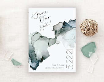 Laguna Wedding Save the Date Card | Watercolor Blue, Green, Gray, Ocean Beach Coastal Wedding, Save-the-Date