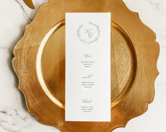 Provence Wedding Menu | Monogram Floral Wreath Wedding Menu, Garden Outdoor Wedding