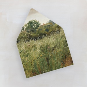 May include: An art print of a landscape scene featuring a field of tall grass and wildflowers. The artwork is in a triangular shape, with a light-colored sky and a backdrop of trees. The color palette includes greens, yellows, and browns.