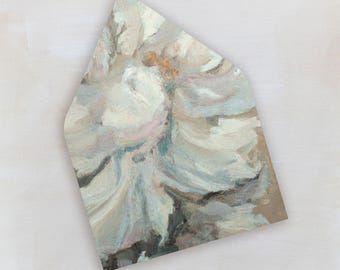 May include: An abstract painting of a white flower with soft brushstrokes. The artwork features shades of white, light blue, and hints of pink and brown. The painting is on a uniquely shaped canvas, creating a modern aesthetic.