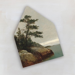May include: An envelope with a landscape painting of a coastal scene. The artwork shows a tall pine tree on a rocky shore, with water and a cloudy sky. The colour palette includes shades of green, brown, and blue, evoking a serene atmosphere.