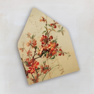 Könnte beinhalten: Ein offener Umschlag im Vintage-Stil mit floralem Design. Der Umschlag hat eine hellbeige Farbe, und das florale Design zeigt rote und orangefarbene Blüten mit grünen Blättern und braunen Stielen. Das Design ist auf dem Umschlag zentriert.