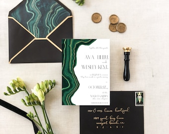 Malachite Wedding Elopement Announcement | Modern Green Gold Black Malachite Wedding Announcement