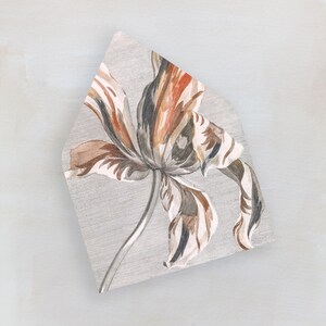 May include: A gray and white envelope with a watercolor illustration of a brown, orange, and white tulip.
