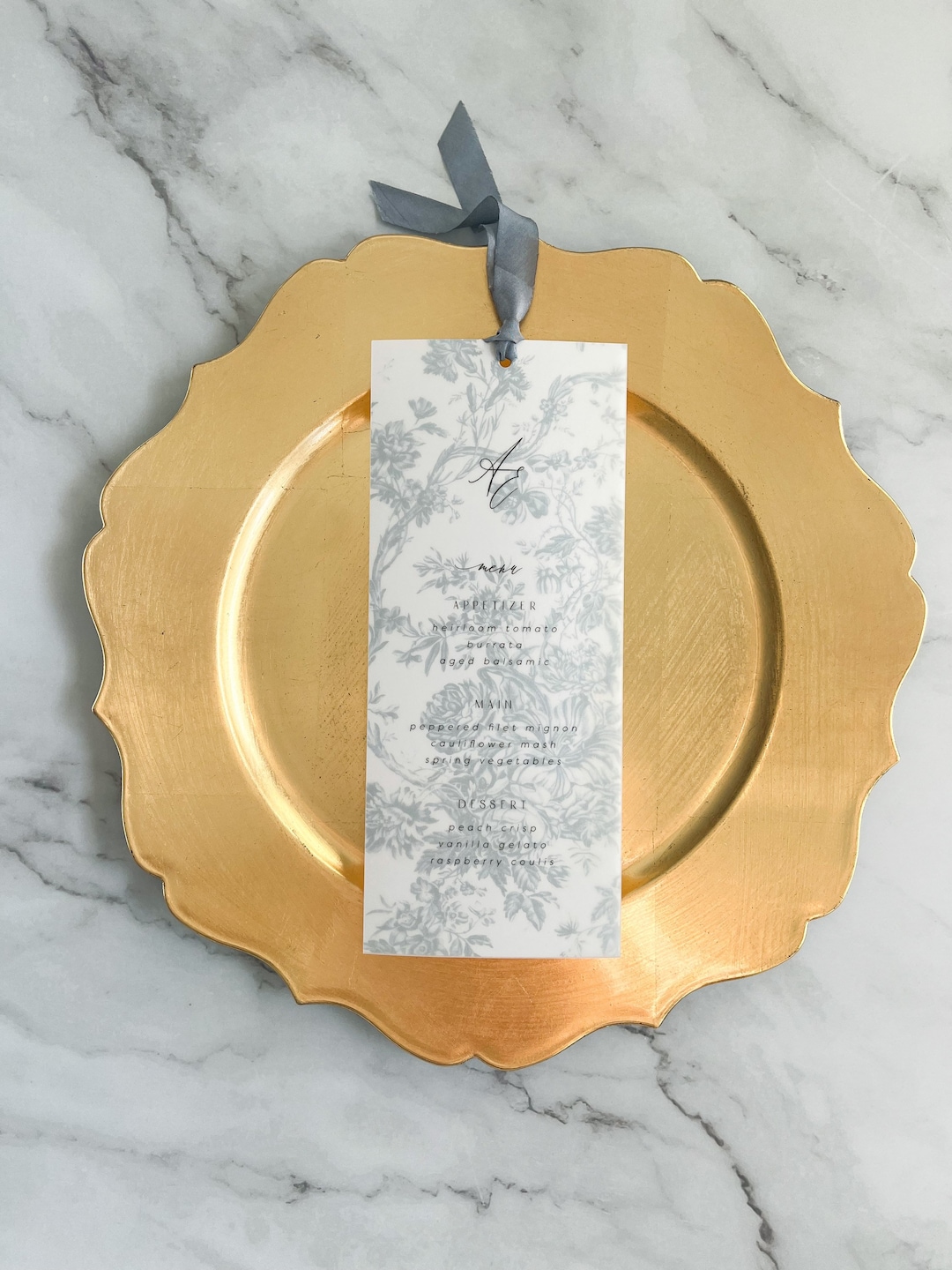 Vellum Wedding Menu With Silk Ribbon Romantic, Floral, Toile