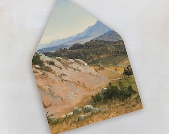 May include: An original landscape painting on a triangular canvas. The artwork depicts a mountainous scene with rolling hills, trees, and a clear blue sky. The color palette includes shades of green, brown, and blue, creating a serene and naturalistic view.