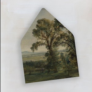 May include: A watercolor painting of a landscape with a large tree in the foreground. The tree has lush green leaves and branches that extend to the right. The background shows a distant view of a valley with rolling hills and trees. The sky is a soft blue with hints of pink and orange.