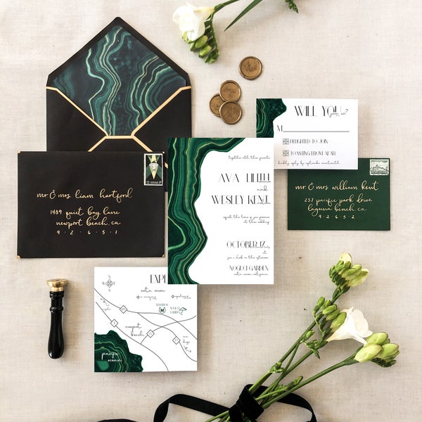 Malachite Wedding Invitation Suite 5-PC | Dark Green Malachite Wedding Invitation, Modern Wedding, Fall, Winter Wedding