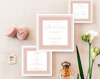 Bel Air Wedding Invitation Suite 5-PC | Blush, Rose Classic Chic Square Wedding Invitation