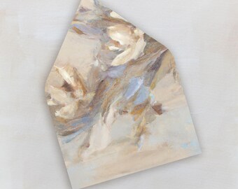 May include: An abstract painting on a decorative envelope. The artwork features a blend of beige, brown, and blue hues, with brushstrokes creating a floral or botanical design. The envelope has a unique, angled shape.