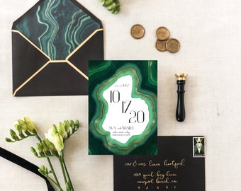 Malachite Wedding Save the Date Card | Modern Green Gold Black Malachite Wedding, Save-the-Date