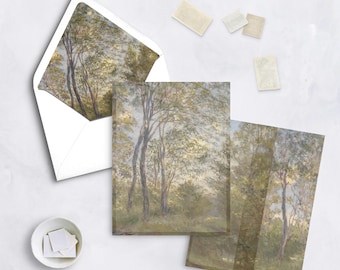 May include: Stationery set featuring a landscape painting of trees in a forest. The set includes an envelope, notecards, and stamps. The artwork has a soft, muted color palette with shades of green, brown, and gray.