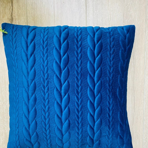 Housses de coussin en velours bleu royal, design en tricot de câble, moderne, chic et tendance, 16x16