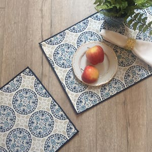 Modern table mats in cotton fabric, geometric block print design, Indigo blue patterns, 13x18