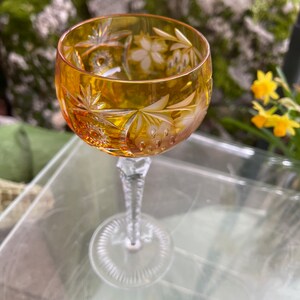 Puede incluir: Una copa de vino de vidrio transparente con un dise&ntilde;o de cristal tallado. La copa tiene un tono &aacute;mbar y un tallo largo.