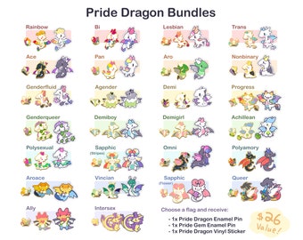 May include: A set of 26 pride flag themed enamel pins and vinyl stickers featuring cute dragon illustrations. Each bundle includes a pride dragon enamel pin, a pride gem enamel pin, and a pride dragon vinyl sticker. The flags represented include rainbow, bi, lesbian, trans, ace, pan, aro, nonbinary, genderfluid, agender, demi, progress, genderqueer, demiboy, demigirl, achillean, polysexual, sapphic, omni, polyamory, aroace, vincian, sapphic, ally, intersex, and queer.