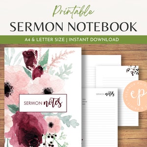 Cuaderno de sermones imprimible / Descarga instantánea de notas del diario de sermones / Inserciones del planificador bíblico / Kit de cuadernos de la Iglesia y la Biblia / A4 y tamaño carta