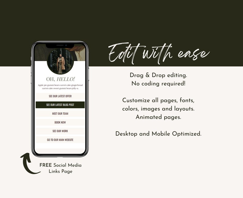 Op de afbeelding: Een mockup van een mobiel telefoonscherm met een website met de tekst "OH, HELLO!" en verschillende knoppen, waaronder "See Our Latest Offer", "See Our Latest Blog Post", "Meet Our Team", "Book Now", "See Our Work" en "Go To Our Main Website". De tekst "Edit with ease" wordt boven de mockup van de telefoon weergegeven, samen met de tekst "Drag & Drop editing. No coding required!" en "Customize all pages, fonts, colors, images and layouts. Animated pages. Desktop and Mobile Optimized."