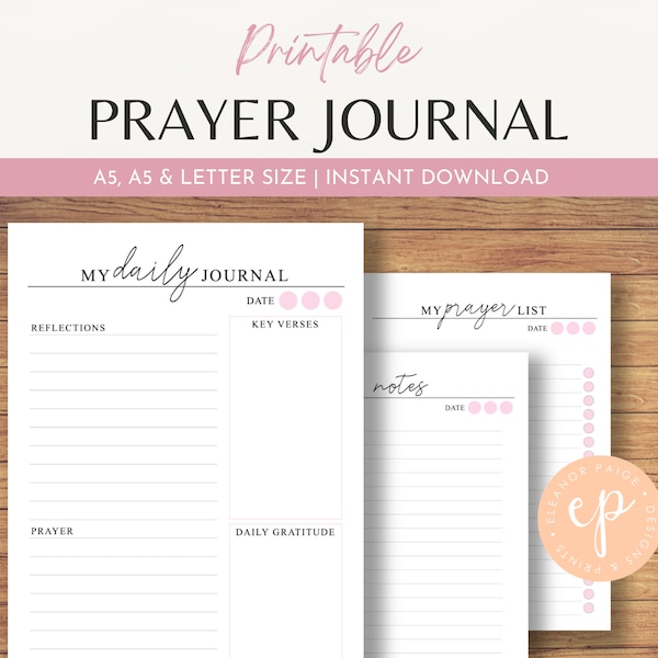 Prayer Journaling Faith Planner Inserts, A5, A4 & Letter Size, Blush Pink Printable Bible Study Notes, Christian Gratitude Journal Pages