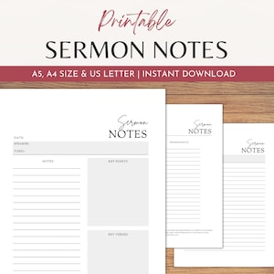 Notas de sermón imprimibles, páginas de diario de sermones, notas de estudio de la Biblia imprimibles, insertos de planificador de fe de notas de iglesia, A5, A4 y tamaño de carta