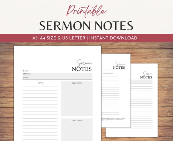 Sermon Notes Printable, Sermon Journal Pages, Printable Bible Study Notes,  Church Notes Faith Planner Inserts, A5, A4 & Letter Size - Etsy