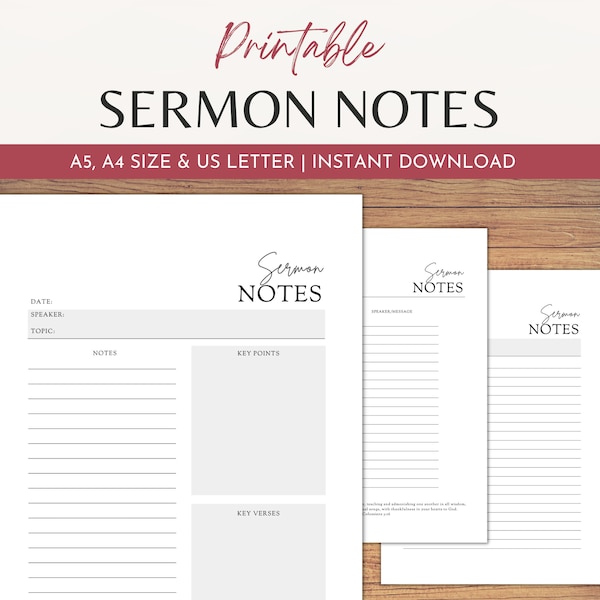 Sermon Notes Printable, Sermon Journal Pages, Printable Bible Study Notes, Church Notes Faith Planner Inserts, A5, A4 & Letter Size