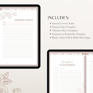 K&ouml;nnte beinhalten: Ein digitaler Planer mit einem floralen Design auf dem Cover. Der Planer enth&auml;lt ein Journal-Cover und ein Inhaltsverzeichnis, eine Predigt-Indexvorlage, zwei Predigtnotizvorlagen, eine Vorlage f&uuml;r Bibelstellen zum Merken und leere, linierte, karierte und Bullet-Notizseiten.