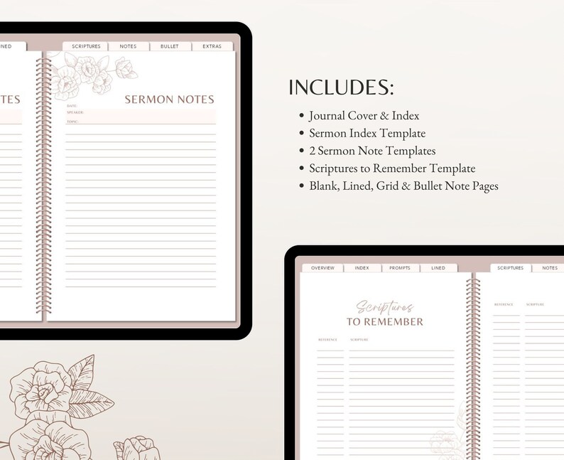 K&ouml;nnte beinhalten: Ein digitaler Planer mit einem floralen Design auf dem Cover. Der Planer enth&auml;lt ein Journal-Cover und ein Inhaltsverzeichnis, eine Predigt-Indexvorlage, zwei Predigtnotizvorlagen, eine Vorlage f&uuml;r Bibelstellen zum Merken und leere, linierte, karierte und Bullet-Notizseiten.