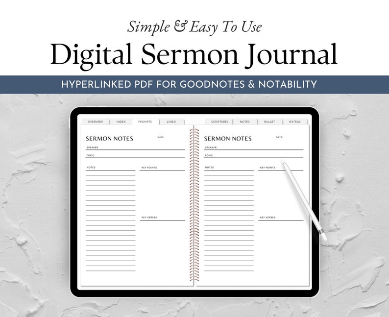 May include: A digital sermon journal template for GoodNotes and Notability. The template features two pages, each with sections for topic, speaker, notes, key points, and key verses. The pages are designed to be used for taking notes during sermons.
