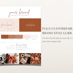 May include: A brand style guide in a palette of browns and creams. The guide features colour swatches, typography examples, and logo variations. Text on the guide reads "Your Brand" and "Fully Customizable Brand Style Guide."