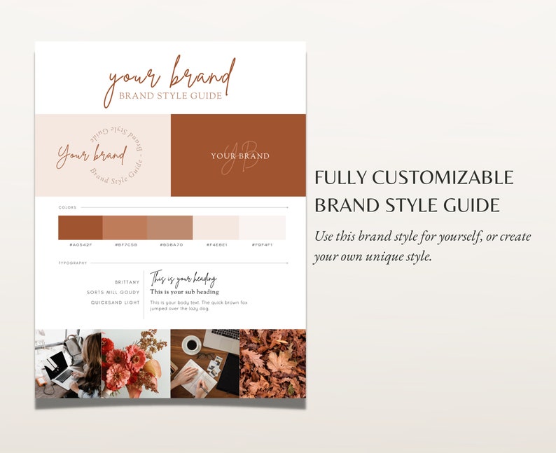 May include: A brand style guide in a palette of browns and creams. The guide features colour swatches, typography examples, and logo variations. Text on the guide reads "Your Brand" and "Fully Customizable Brand Style Guide."