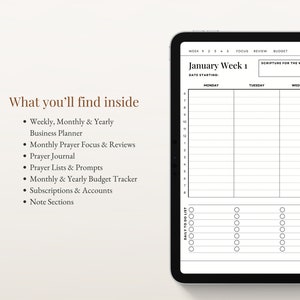 May include: A digital planner for January with a weekly layout. The planner includes sections for business planning, prayer, budgeting, and note taking. The planner is designed for use on a tablet or computer.