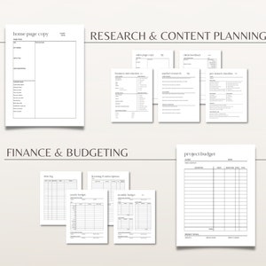 May include: A printable worksheet for planning and budgeting a project. The worksheet includes sections for research and content planning, finance and budgeting, and a project budget.