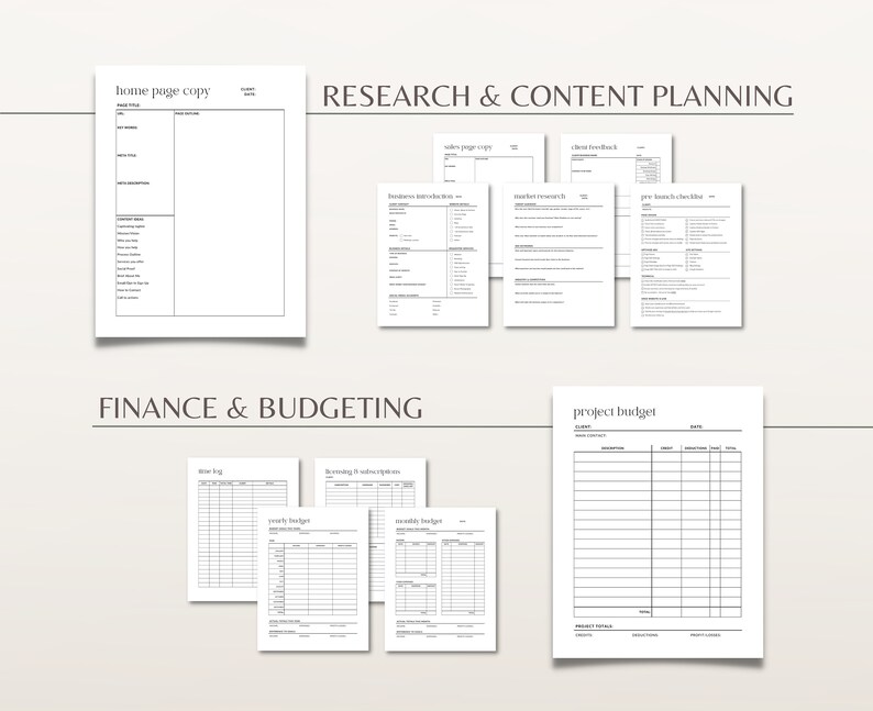 May include: A printable worksheet for planning and budgeting a project. The worksheet includes sections for research and content planning, finance and budgeting, and a project budget.